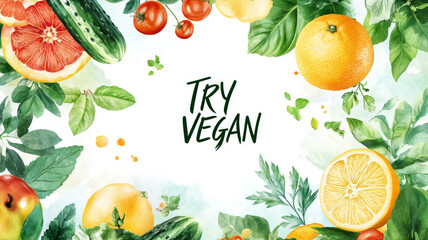 A beautiful arrangement of fresh fruits, vegetables, and herbs framing a blank center for inviting text about healthy eating and a vegan lifestyle. With the phrase Try vegan
