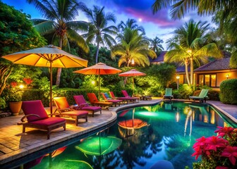 Tropical Poolside Relaxation at Dusk with Lounge Chairs and Umbrellas Surrounded by Lush Vegetation and Soft Ambient Lighting for a Tranquil Vacation Atmosphere