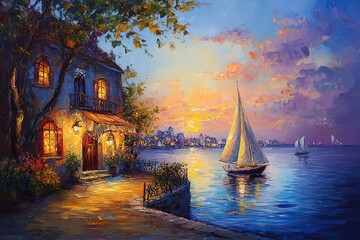 Oil painting depicting a sea view of the city in the evening light, with warm colors, a sunset sky, a sailboat on the water surface,