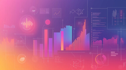 Scientific research data visualizations with bar graphs, pie charts, and digital icons overlaid on a gradient background