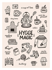 Cozy season hygge magic graphic poster 3x4. Hand drawn vector set of cozy home illustrations. Interior, books, comfy clothes, cake, tea, hot drink, plant and lettering quotes.