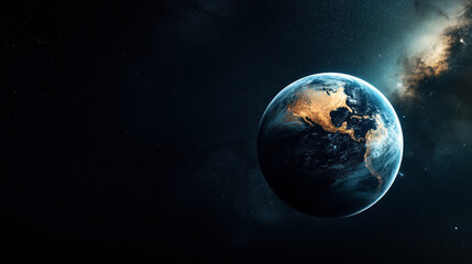 Fototapeta premium View of Earth from space with illuminated continents at night, stars in the background, showing North and South America against a dark starry sky.