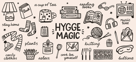 Cozy season hygge magic graphic doodle elements. Hand drawn vector set of cozy home illustrations. Interior, books, comfy clothes, cake, tea, hot drink, plant and lettering quotes.