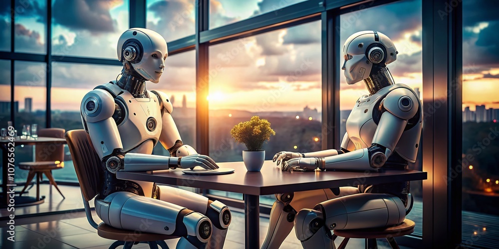 Poster two humanoid robots engaged in conversation at a table, showcasing the future of ai interaction and 