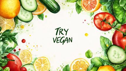 A colorful arrangement of fresh fruits, vegetables, and herbs encircles a blank space for text, promoting the benefits of a healthy vegan lifestyle. With the phrase Try vegan