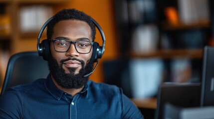 young professional with a beard and glasses is seated at a desk, using a headset to communicate with clients in a contemporary office environment, focused and attentive