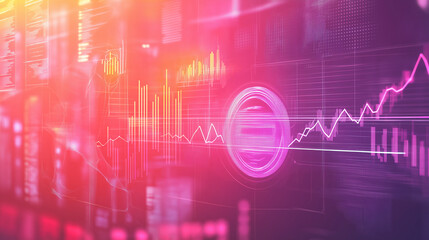 Scientific research data visualizations with bar graphs, pie charts, and digital icons overlaid on a gradient background