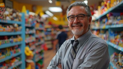 Obraz premium A smiling mature man with grey hair and a beard stands with arms crossed in front of shelves full of toys in a toy store.
