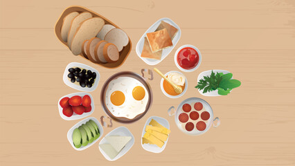 Turkish breakfast on wooden table .top view. fried egg in copper pan, Turkish fried sausage (sucuk) in a pan,breads, borek, strawberry jam, honey and clotted cream(kaymak) olives, cheese, vegetables. 