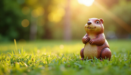 Cute Cartoon Squirrel Figurine Smiling Happily on Sunlit Grassy Lawn with Copy Space