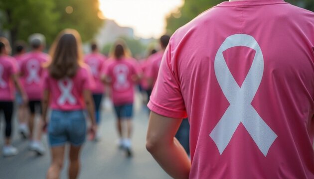Breast Cancer Awareness Walk with Pink Ribbon T-shirts against Urban Sunset Background