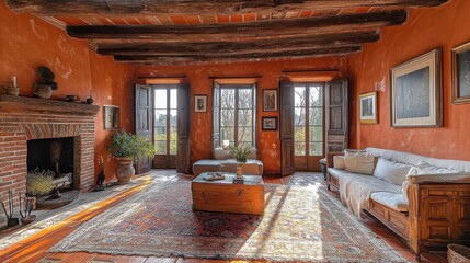 Fototapeta premium Cozy living room with rustic decor and natural light.