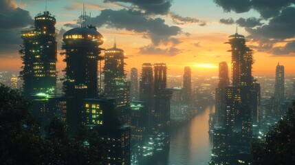 Futuristic Cityscape at Sunset