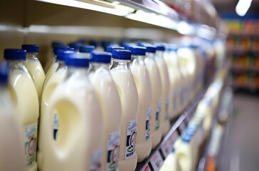 Many milk bottles standing on shelf in supermarket dairy section