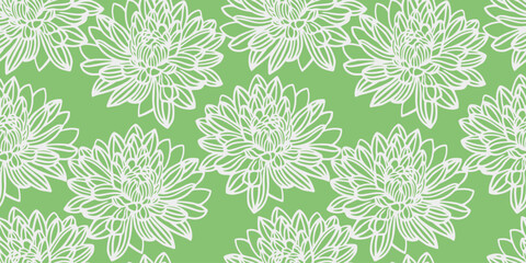 Fototapeta premium Minimalist seamless floral pattern with large, detailed line-drawn flowers on green background. Perfect for modern textiles, packaging, wallpaper, and home decor, sophisticated monochrome look.