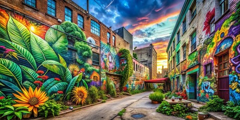 Fototapeta premium Urban Exploration Photography: Nature-Inspired Murals and Street Art in a Vibrant Cityscape Blending Urban Life with Natural Elements for Stunning Visuals