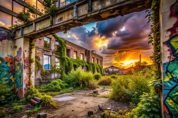 Obraz premium Urban Exploration Photography Capturing the Essence of Abandoned Locations, Graffiti Art, and Urban Decay in a Cityscape Filled with History and Mystery