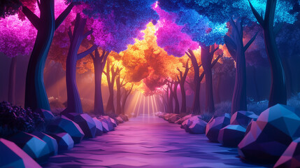 Fototapeta premium Enchanted Forest Path with Radiant Trees in Orange and Purple Hues