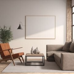 Frame mockup, ISO A paper size. Living room wall poster mockup. Interior mockup with house background. Modern interior design. 3D render