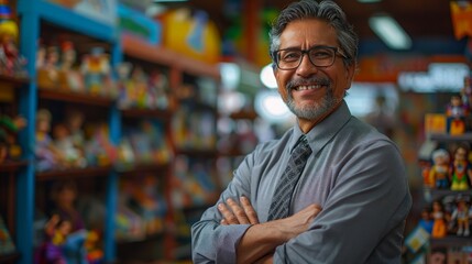 Fototapeta premium A smiling middle-aged man with grey hair and beard wearing glasses stands with his arms crossed in front of a shelf full of colorful souvenirs.