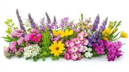 Fototapeta premium flowers isolated on white, spring flowers, flowers in a garden, bouquet of colorful flowers, Flower bed on a white background, various flowers
