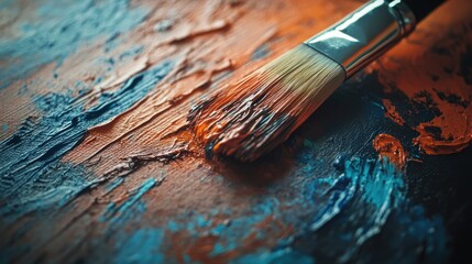 Obraz premium A close-up of a paintbrush on a textured canvas with vibrant colors.