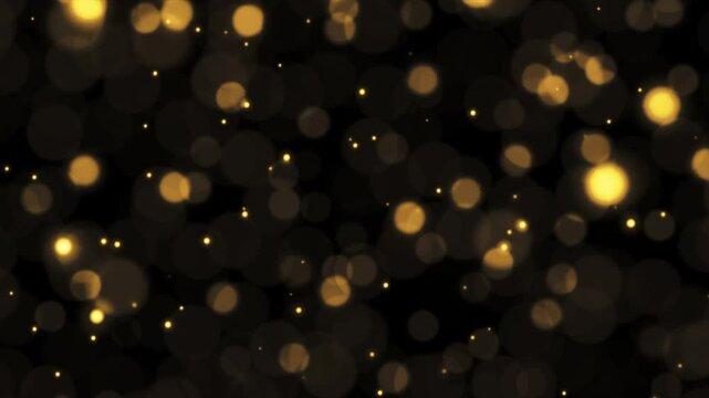 Abstract loop animation glow gold bokeh bubble particles flying on black background.  4K 3D seamless looping gold bokeh particles dust fly in the air.