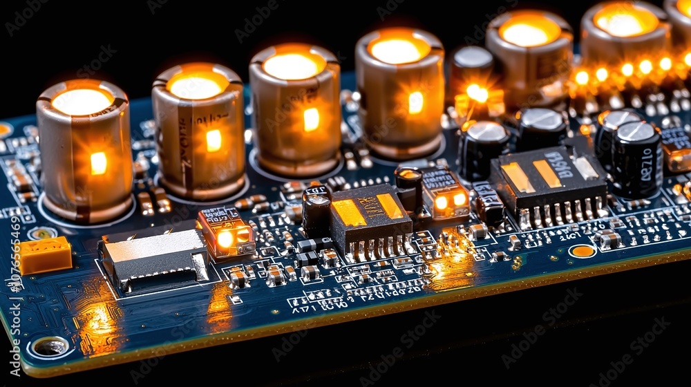 Poster closeup of a circuit board with glowing components.