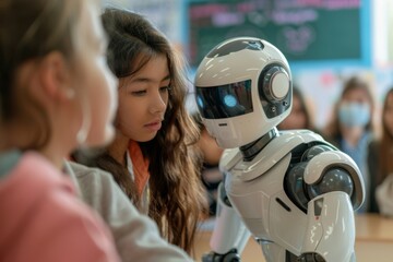 Teacher Guiding Students with AI Robot in Classroom