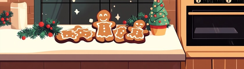 Gingerbread cookies with icing, cozy kitchen scene, holiday baking, flat design illustration