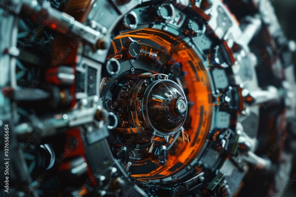 Aufkleber close up view of a futuristic engine with an orange glow, showcasing the complexity of future techno