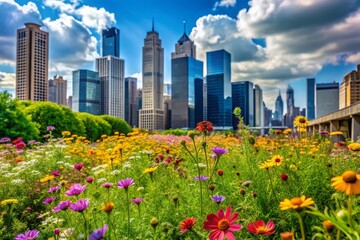 Naklejka premium Urban Green Space with Blooming Wildflowers and City Buildings in the Background - A Lush Urban Oasis Showcasing Nature Amidst Concrete Skyscrapers and Modern Architecture