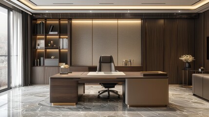 A clean and modern office setup with a large desk, providing a versatile background ideal for professional and corporate content