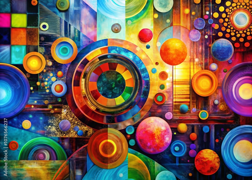 Poster vibrant abstract art featuring colorful circles and squares in a surreal composition with dynamic sh