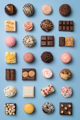 Fototapeta premium A grid of various types and shapes of sweets, arranged in rows on a blue background. The sweets are presented from above.