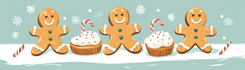 Fototapeta premium Gingerbread men and holiday cookies, festive dessert table, flat design illustration