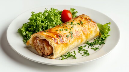 A golden puff pastry with a side salad on a white plate.