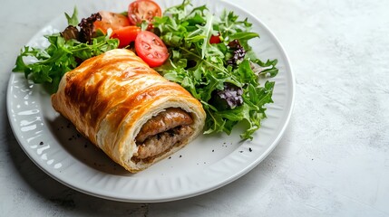 A golden puff pastry with a side salad on a white plate.