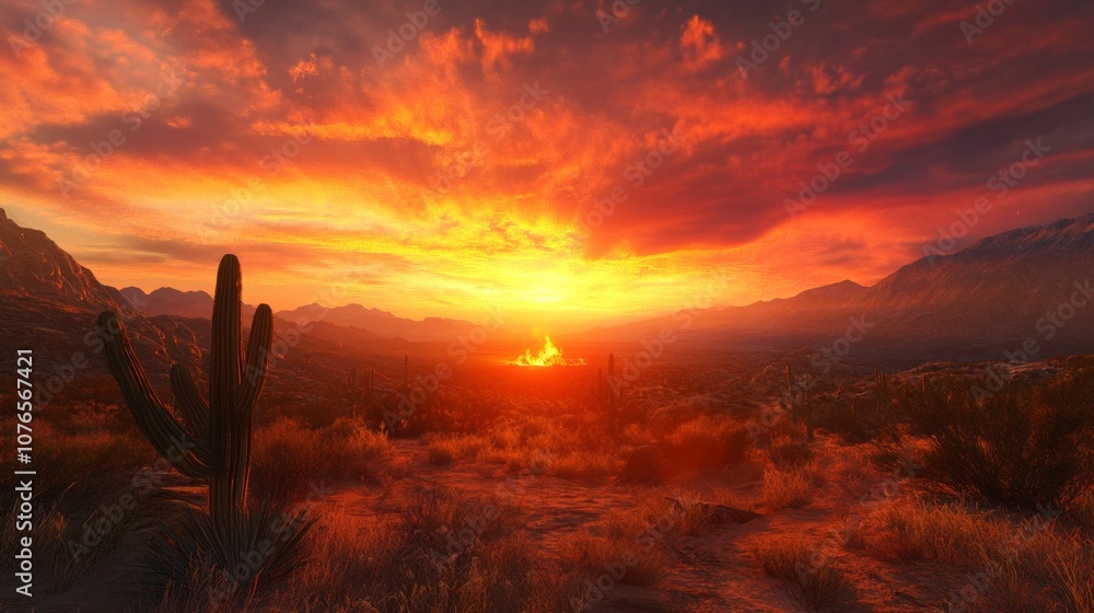 Poster a desert landscape with a cactus and a sunset in the background