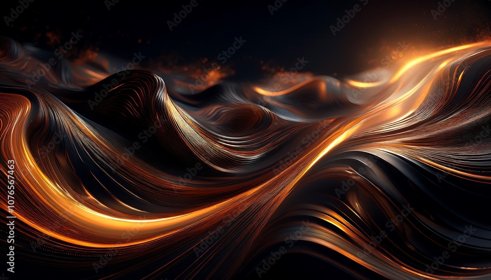 Poster a dark, textured wave flows with glowing orange highlights, creating a sense of dynamic digital move