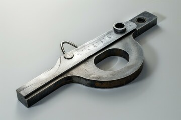 Obraz premium Old metal tool with a vernier scale lying on a white background, showcasing its vintage appeal and industrial functionality