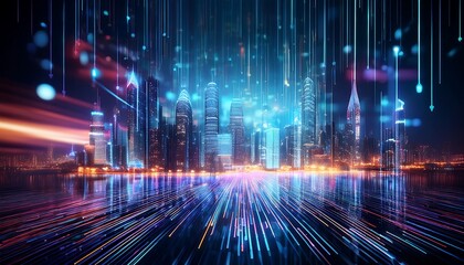 A futuristic cityscape of glowing vertical lines evokes a sense of digital data and technology, resembling a vibrant skyline