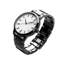 Black Metal Wristwatch with White Face Isolated on Transparent Background