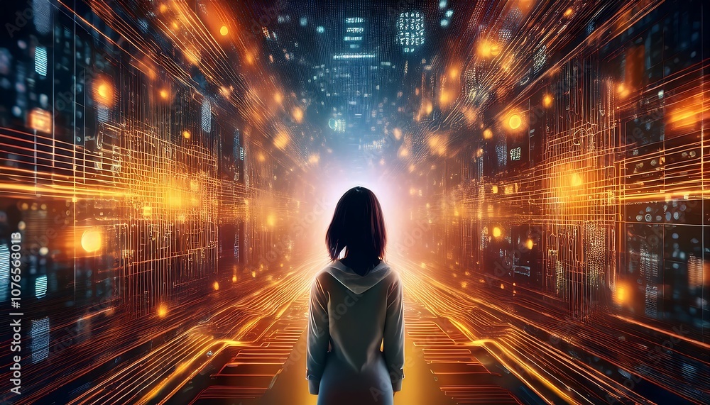 Poster a futuristic tunnel of light and data streams towards the viewer, filled with glowing orange digital