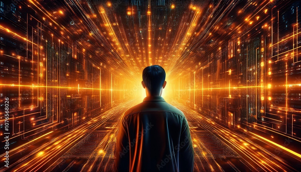 Poster a futuristic tunnel of light and data streams towards the viewer, filled with glowing orange digital