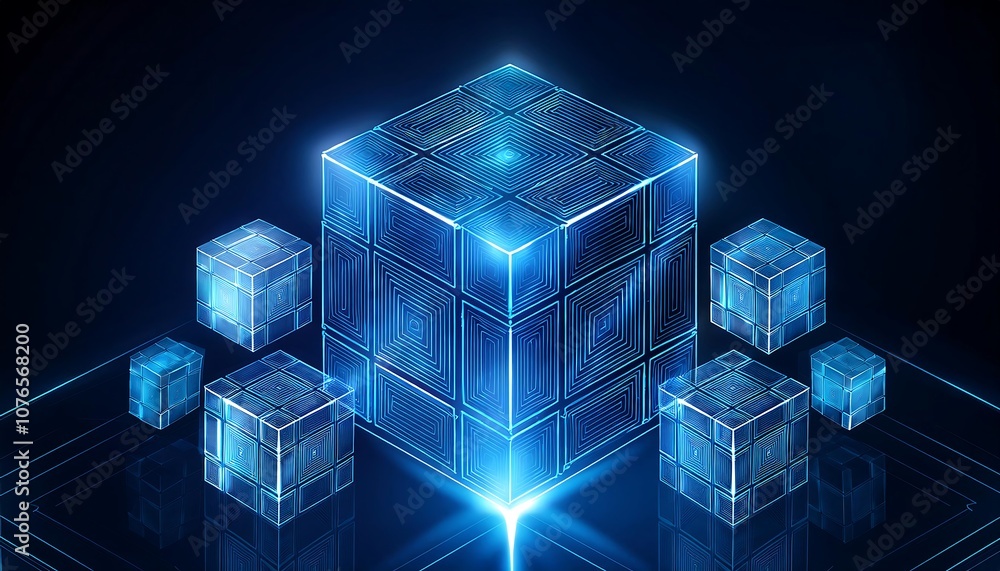 Poster a group of glowing blue cubes on a dark background create a futuristic and technologically advanced 