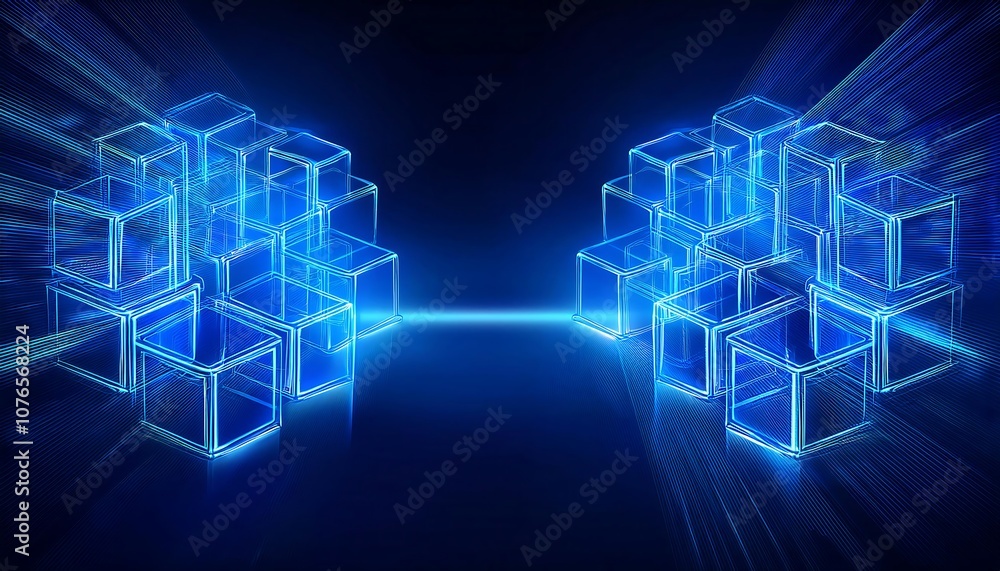 Poster a group of glowing blue cubes on a dark background create a futuristic and technologically advanced 