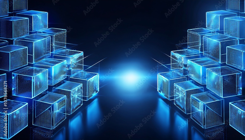 Poster a group of glowing blue cubes on a dark background create a futuristic and technologically advanced 