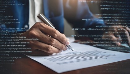 A programmer's hand writes on a document, with lines of code overlaid, suggesting a connection between physical documentation and software development