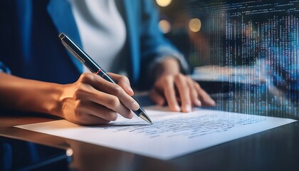 A programmer's hand writes on a document, with lines of code overlaid, suggesting a connection between physical documentation and software development